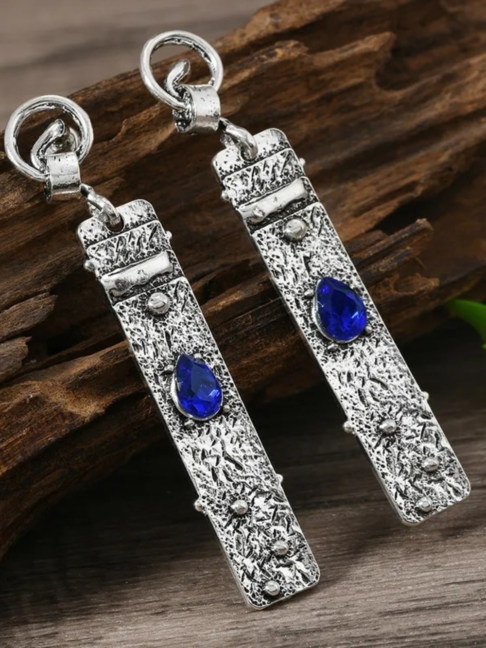 Ethnic Tribal Bar Drop Earrings with Blue Teardrop Gem Stud Post Silver Finish